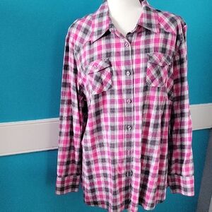 IZOD Pink and Gray Plaid Button-Up Shirt 1X